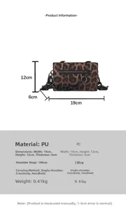 Detailed size specifications of leopard print PU leather bag with dimensions and strap length