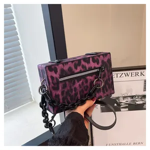 Detailed macro view of purple leopard print texture and decorative zipper on the box bag