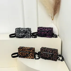 Chic leopard print envelope crossbody bags in four colors with thick black chain handle