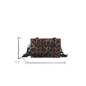 Leopard print crossbody envelope bag with matte black chain, size 19cm by 4cm