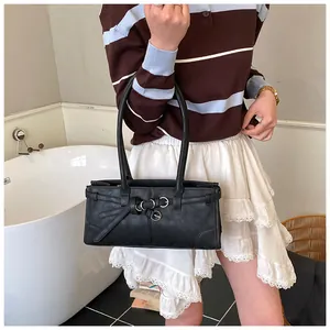 Chic black faux leather rectangular shoulder bag with silver hardware and belt detail