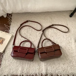 Chic burgundy and chocolate brown PU leather handbags with square flap buckle and top handle