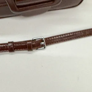 Detailed macro view of dark brown leather bag strap with polished silver metal buckle