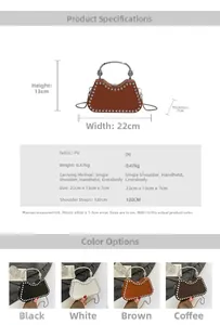 Detailed size chart and specs for rivet shoulder bag with metal chain strap options
