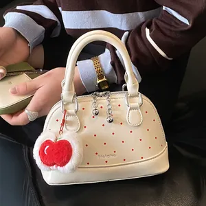 Women Polka Dot PU Leather Shell Bag Vintage Sweet Handbag With Plush Apple Charm Mini Crossbody Shoulder Bag Small Purse