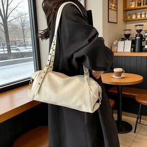 Vintage PU Leather Boston Bag For Women Lychee Pattern Metal Eyelet Strap Minimalist Shoulder Underarm Bag Daily Handbag