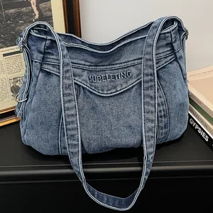 Grand Sac à Épaule en Denim pour Femmes Cabas Vintage Lavé Broderie Lettres Rétro Sac Bandoulière Décontracté en Toile