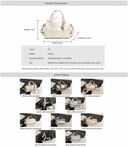 Detailed size specifications and color variants of the bow-decorated pillow handbag