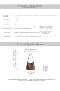 Detailed size chart for retro PU leather tote bag with precise dimensions and interior capacity
