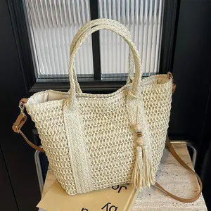 Large Capacity Woven Straw Tote Bag For Women Summer Beach Vacation Handbag With Tassel Wooden Beads And PU Leather Strap