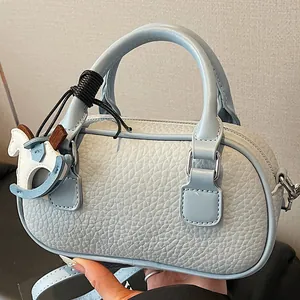 Women Fashion Lychee Pattern PU Leather Bowling Boston Bag Adjustable Strap Handheld Crossbody Shoulder Bag With Horse Charm