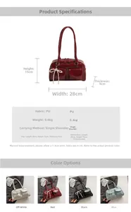 Detailed view of glossy PU leather Boston bag with pearl bow charm in four colors
