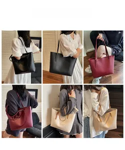 Collage of large tote bags in four colors showing shoulder carry and styling options