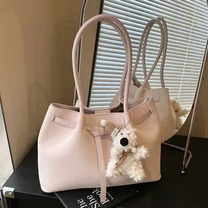 Women Woven Tote Bag PU Leather Large Capacity Shoulder Bag With Belt Buckle And Plush Dog Charm Commuting Fashion Handbag