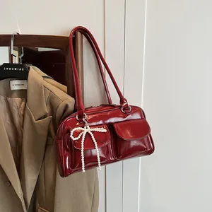Women Vintage Glossy PU Leather Underarm Boston Bag With Artificial Pearl Bow Decoration Double Front Pockets Zipper Shoulder Bag