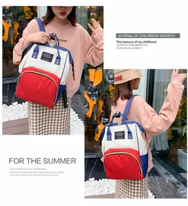 Three-color patchwork diaper backpack with large opening shown from side and back views