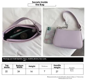 Tabla de tallas del bolso baguette lila con dimensiones y detalles de capacidad del bolso