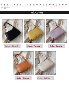 Vista detallada de los bolsos de hombro de cuero PU en negro, amarillo, morado, naranja y blanco