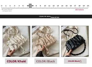 Detailed comparison of pleated crossbody bags in beige, khaki, and black with metal chains
