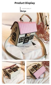 Close-up detail of the creative house-shaped PU leather crossbody bag in beige and pink