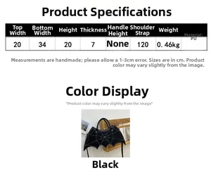 Detailed size chart for black bat-shaped PU handbag showing dimensions and specifications