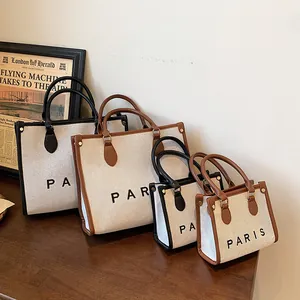 Women Vintage Canvas PU Leather Tote Bag Large Capacity Paris Print Shoulder Bag Contrast Color Handle Daily Handbag