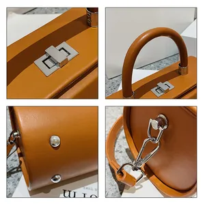 Detailed views of the brown leather cylinder bag showing silver hardware and rivets