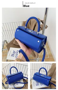 Detailed views of a blue cylindrical handbag featuring a silver lock and shoulder strap