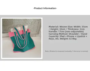 Detail of knitted tote bag showing green mesh design and size specs 35x32x2cm
