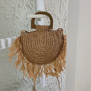 Bohemian Straw Woven Handbag With Wooden Handle And Tassels Summer Beach Crossbody Bag For Women Vacation Fashion Bag