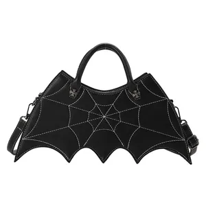 Gothic bat shaped PU leather tote bag with spider web stitching and crossbody strap