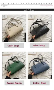 Detailed view of large capacity croc-effect handbags in four colors with 20cm scale