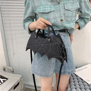Gothic bat-shaped black PU leather handbag with white spiderweb stitching for Halloween