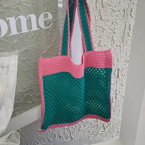 Women's Knitted Hollow Mesh Tote Bag Contrast Color Crochet Shoulder Bag Bohemian Summer Beach Handbag Everyday Storage Bags