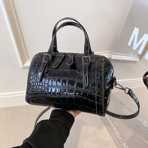 Glossy black crocodile embossed large capacity Boston shoulder bag with silver hardware