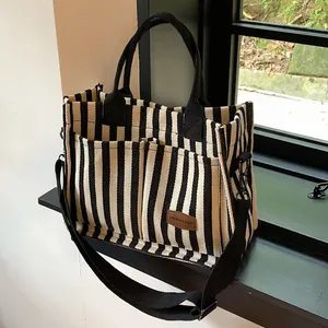 Women Striped Canvas Tote Bag Large Capacity Casual Shoulder Bag With Adjustable Strap Fashion Handbag For Daily Work Use