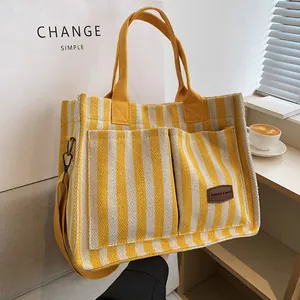 Large capacity canvas tote bag with yellow and white stripes and detachable strap