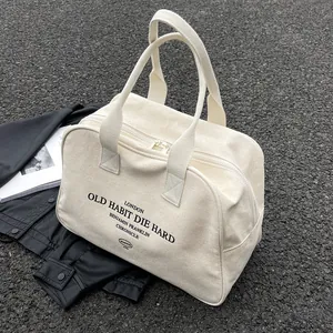 Women Canvas Tote Bag Retro Letter Large Capacity Daily Commute Shoulder Bag Off White Khaki Minimalist Double Handle Zipper Handbag