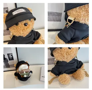 Detailed four-view collage of bear-shaped plush bag with chain and internal storage space