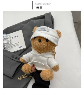 Detail of off-white cartoon bear plush bag featuring golden chain and trendy hoodie style