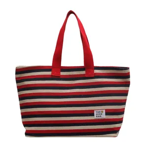 Large striped canvas tote bag in red navy and beige with red handles for women