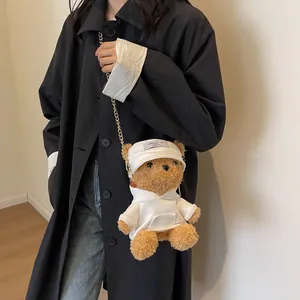Cute teddy bear plush crossbody bag in brown curly fur with white hoodie and gold chain