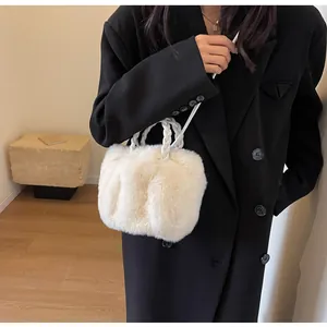 Detailed macro shot of white faux fur tote with vertical stripes and woven handle texture
