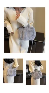 Close-up of grey faux fur tote bag showing soft plush texture and woven handle detail