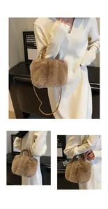 Three views of a brown faux fur tote bag with woven handles and a slim shoulder strap