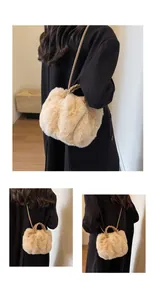Detail showing plush beige faux fur tote bag with woven handles and leather crossbody strap
