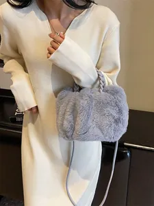 Fuzzy grey faux fur tote bag with top handles and shoulder strap for autumn and winter