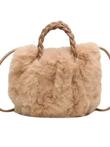 Plush faux fur tote bag in khaki with brown braided handles and crossbody strap