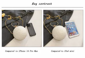 Confronto dimensioni della pochette a sfera con paillettes con iPhone 14 Pro Max e iPad mini