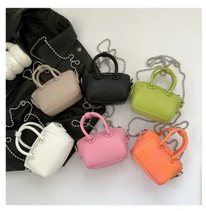 Mini boston handbag collection in six vibrant colors with stylish silver chain straps
